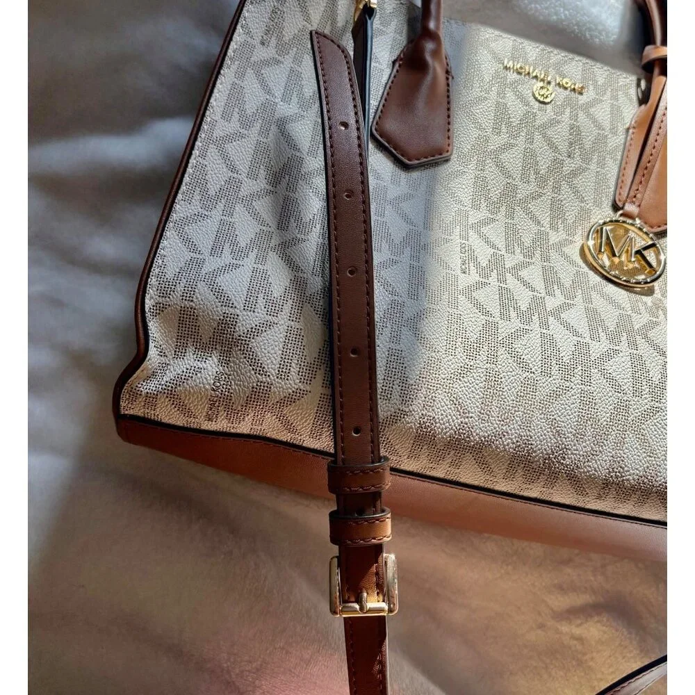 Michael Kors Logo Cream & Brown Canvas & Leather Tote Bag With Detachable Strap